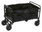 Černý skládací transportní vozík s kolečky a kapsami.