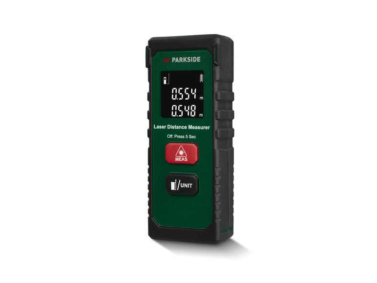 Laserový měřič vzdálenosti Parkside s displejem zobrazujícím 0,554 m a 0,548 m.