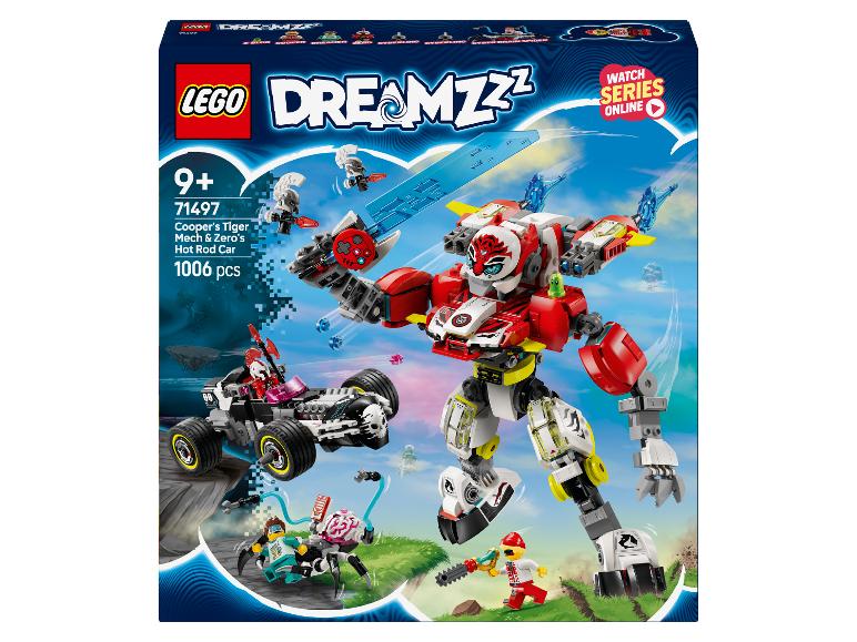 LEGO DREAMZzz krabice s Cooperovým tygřím mechem a Zeroovým hot rodem.