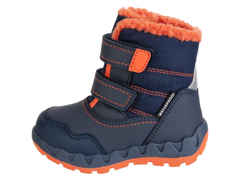 Modré zimní boty s oranžovými detaily a označením 'Waterproof'.