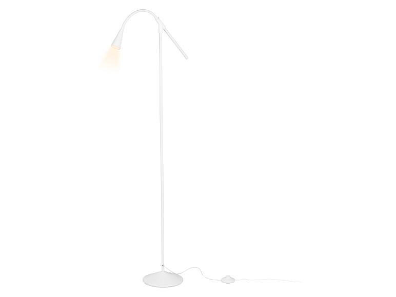 Bílá stojací lampa s flexibilním ramenem a nožním spínačem