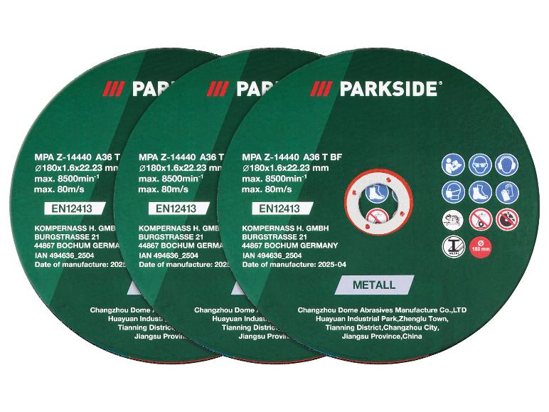 Tři řezné kotouče Parkside na kov, 180 mm, s bezpečnostními pokyny.