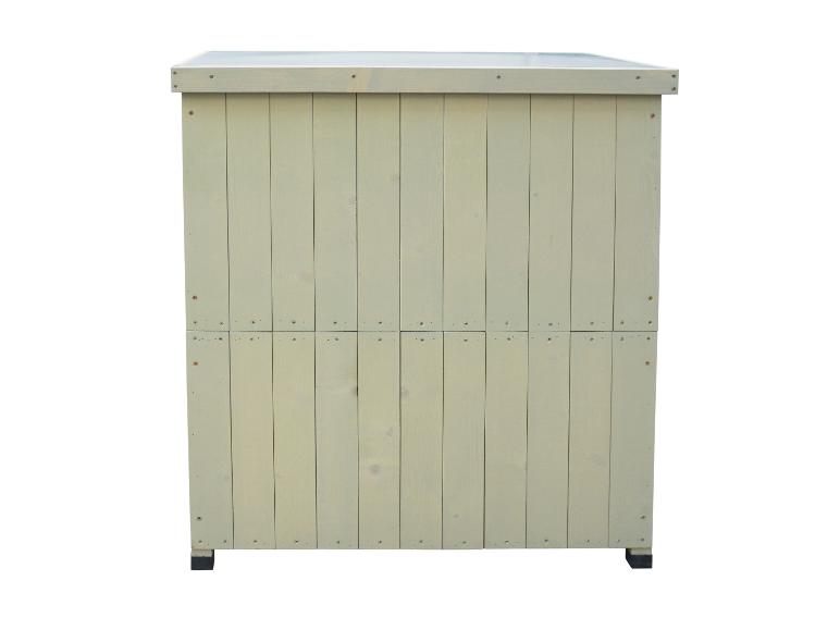 Světlý dřevěný kabinet s vertikálními panely a černými nohami