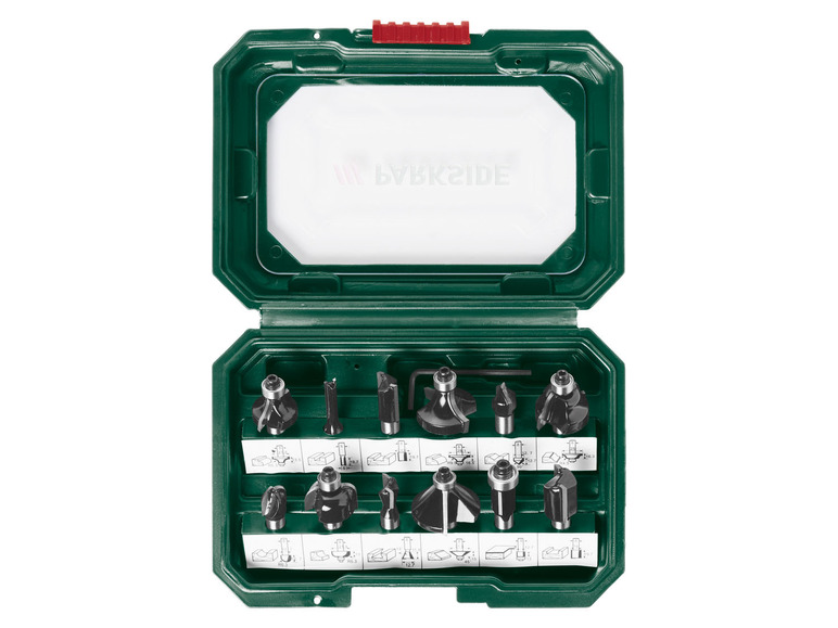 Sada frézovacích nástrojů Festool v zeleném kufru.