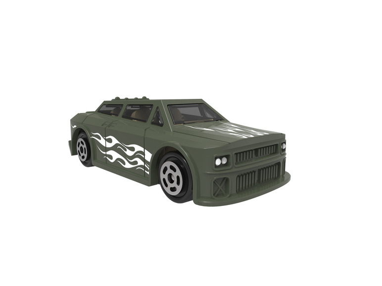 Zelené hračkové auto s designem plamenů.