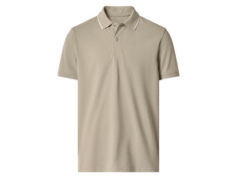 Béžové polo tričko s bílým límečkem a manžetami, se dvěma knoflíky.