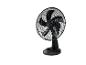 Černý stolní ventilátor s ochrannou mřížkou a tlačítky pro ovládání rychlosti