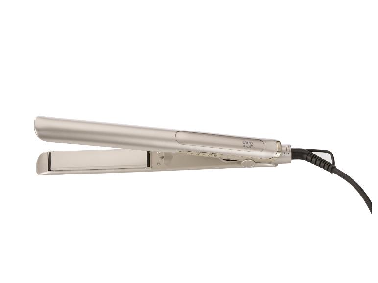 Stříbrná žehlička na vlasy Cien Beauty s ovládacími tlačítky a černým kabelem.