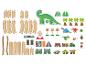 Dřevěná hrací sada s motivem dinosaurů, včetně kolejí, dinosaurů a doplňků.