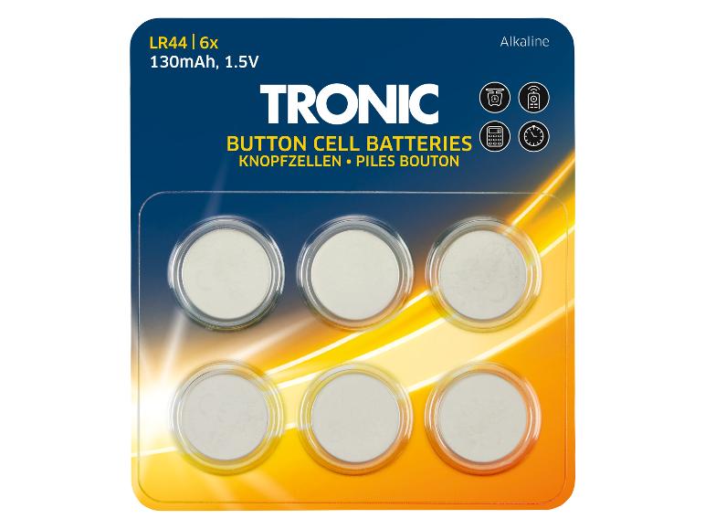 Šest knoflíkových baterií LR44 od značky Tronic.