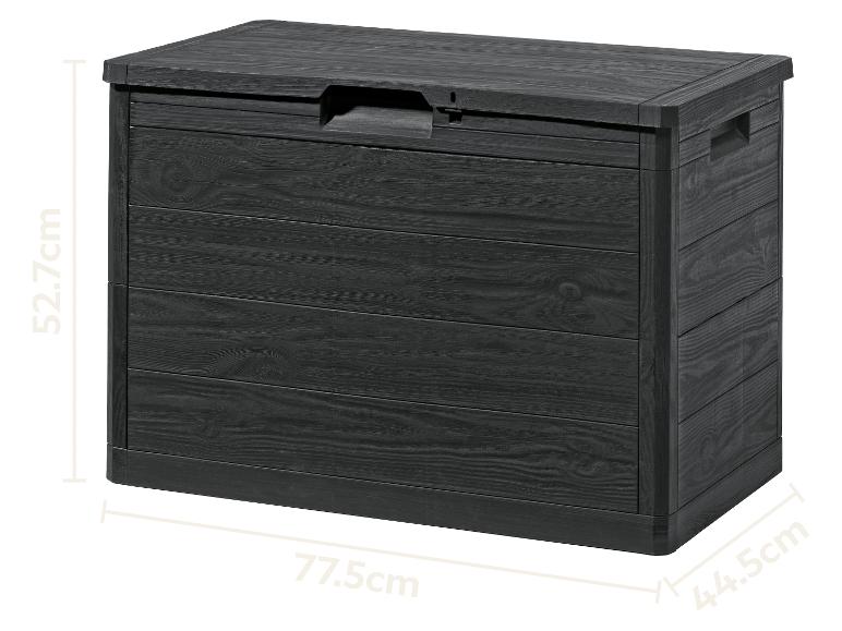 Tmavě šedý venkovní úložný box s texturou dřeva, rozměry 77.5x44.5x52.7cm.