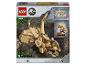Krabice LEGO Jurassic World s cihlovou lebkou Triceratopse a kostrou dinosaura.