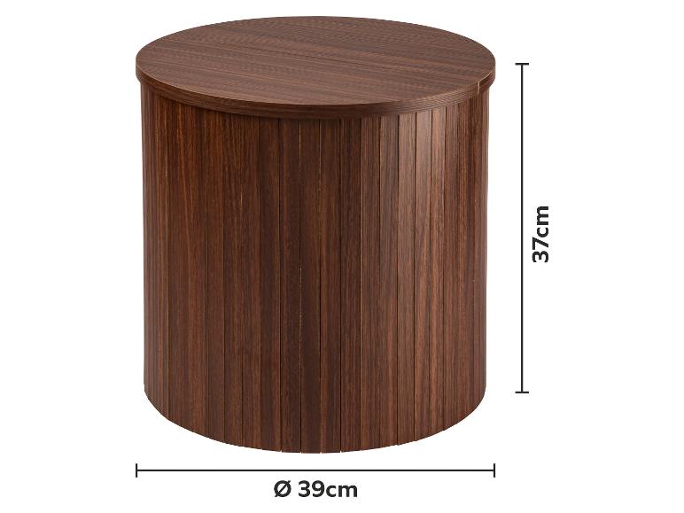 Cylindrický odkládací stolek z tmavého dřeva o rozměrech 37 cm výšky a 39 cm průměru.