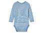 Dětský overal s dlouhým rukávem v modro-bílém pruhovaném vzoru.