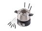 Nerezová fondue souprava s elektrickou základnou a barevně odlišenými vidličkami.