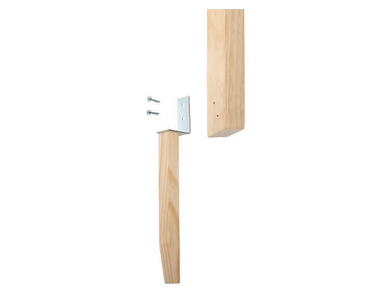 Dřevěná noha s kovovým držákem a šrouby pro montáž.