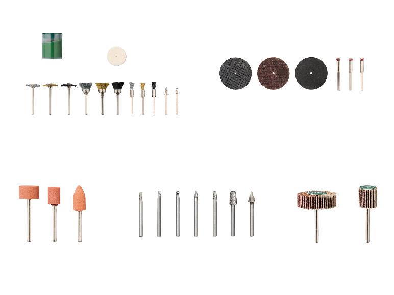 Sada příslušenství pro rotační nástroje, včetně brusných kotoučů, kartáčů a brusných kamenů.