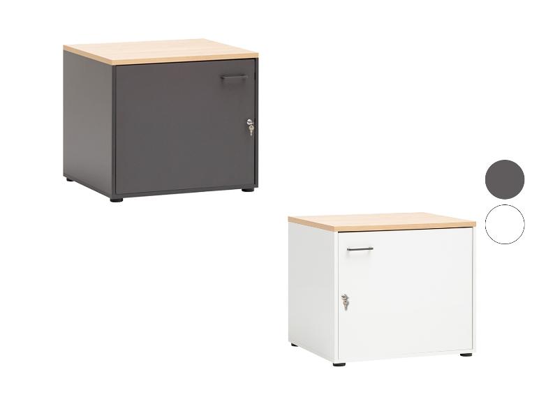 Kancelářské skříňky s dřevěnou deskou, jedna tmavě šedá a jedna bílá
