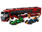 Sada LEGO Speed Champions s kamionem F1, dvěma závodními auty a minifigurkami.