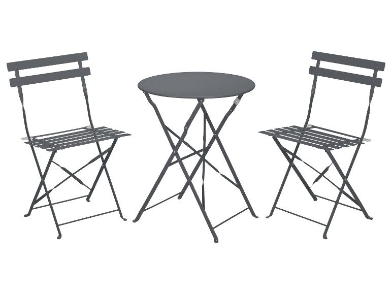 Tmavě šedý bistro set s kulatým stolem a dvěma skládacími židlemi.