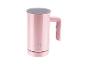 Růžový elektrický napěňovač mléka s průhledným víkem a ovládacími tlačítky.