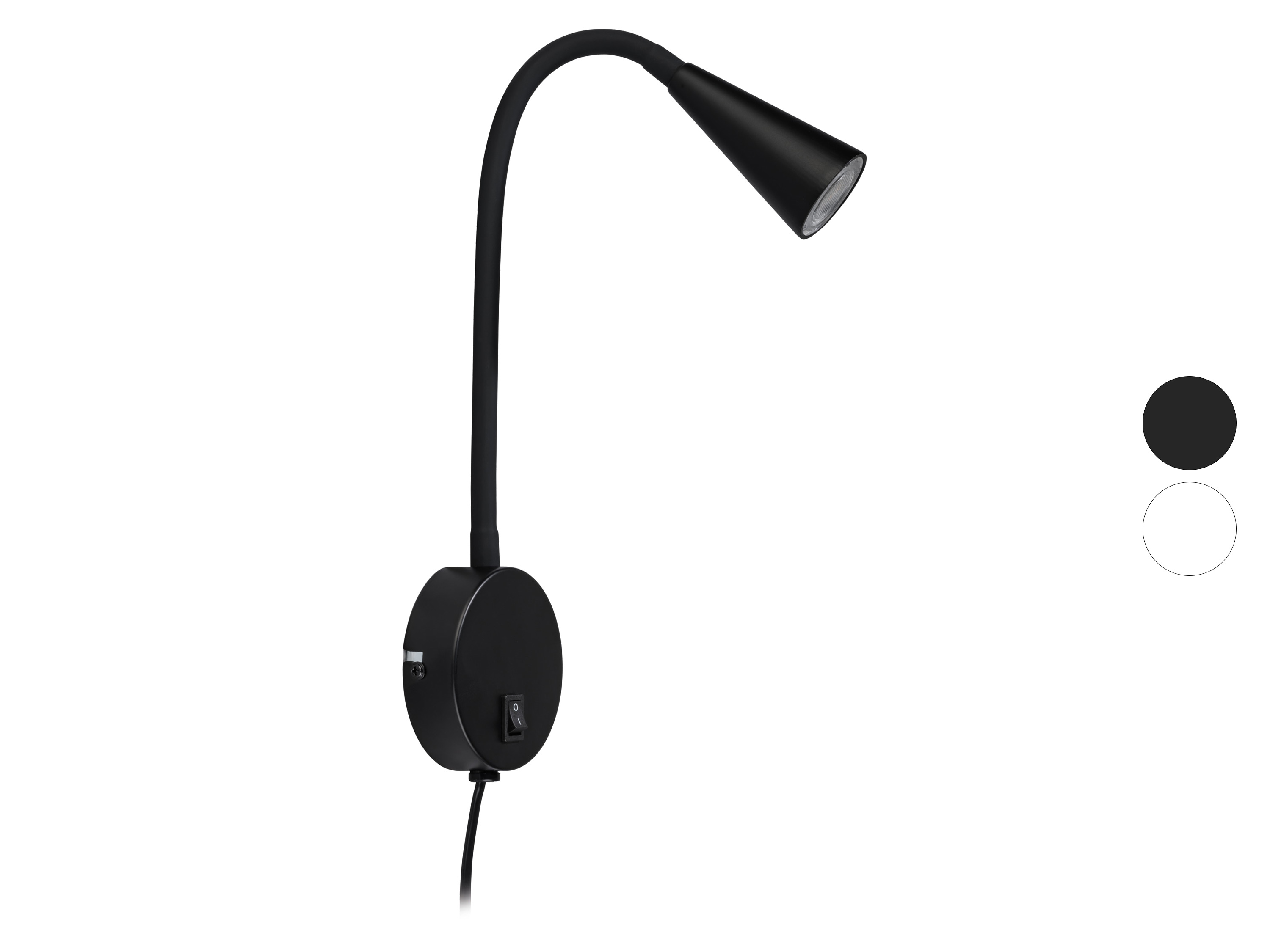 Černá flexibilní lampa na čtení s kulatým podstavcem.
