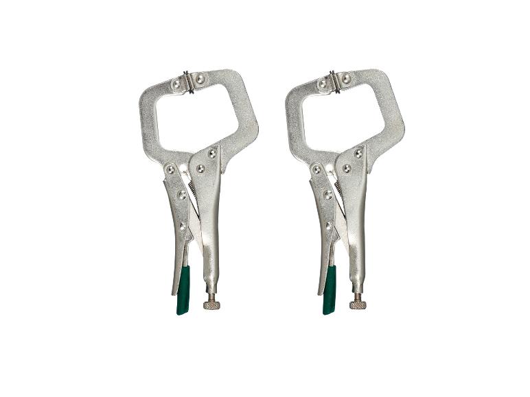 Dvě stříbrné C-svorky se zelenými rukojeťmi