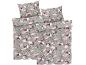 Ložní povlečení s květinovým vzorem v růžovo-šedých tónech: povlak na peřinu a povlaky na polštáře.