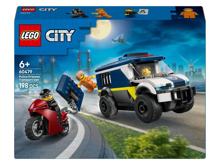 Sada policejní dodávky pro přepravu vězňů s policistou, vězněm a motocyklem.