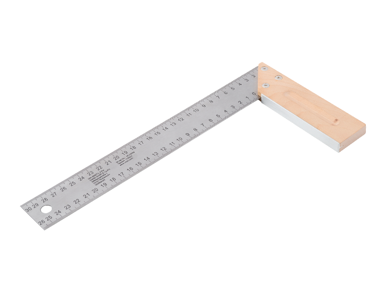Dřevěný a kovový úhelník s pravítkem s dělením v centimetrech.