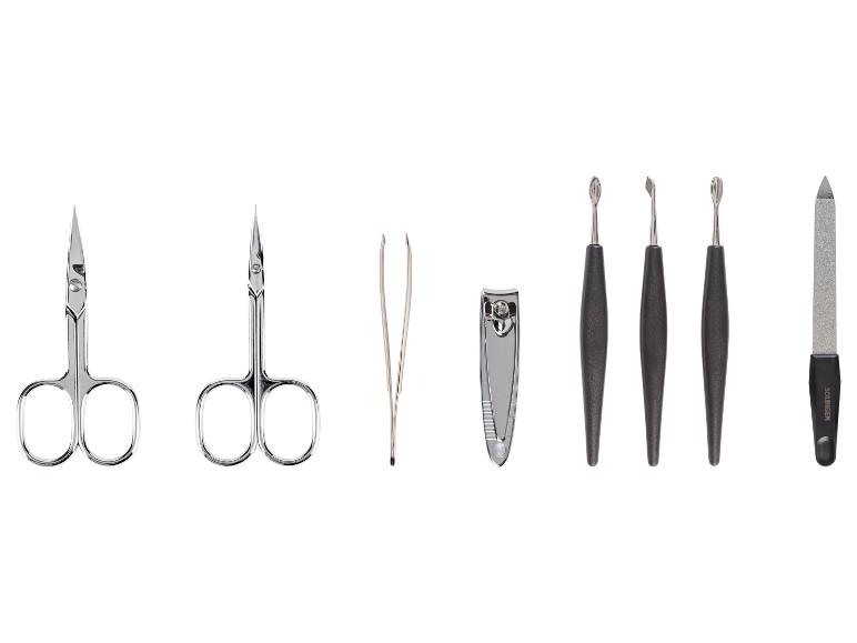 Sada na manikúru se dvěma nůžkami, pinzetou, kleštičkami na nehty, třemi zatlačovači kůžičky a pilníkem na nehty.