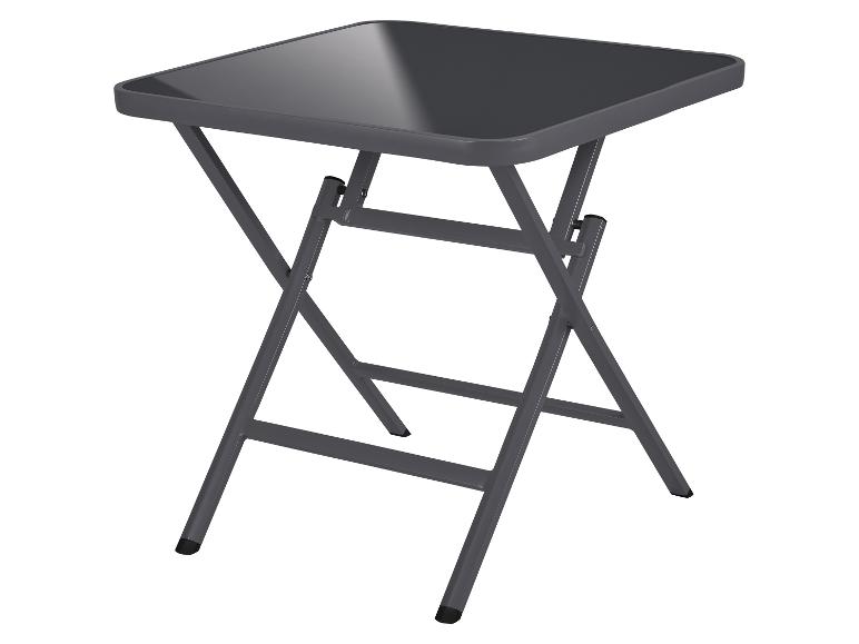 Šedý čtvercový skládací stůl se skleněnou deskou, ideální pro malé prostory.