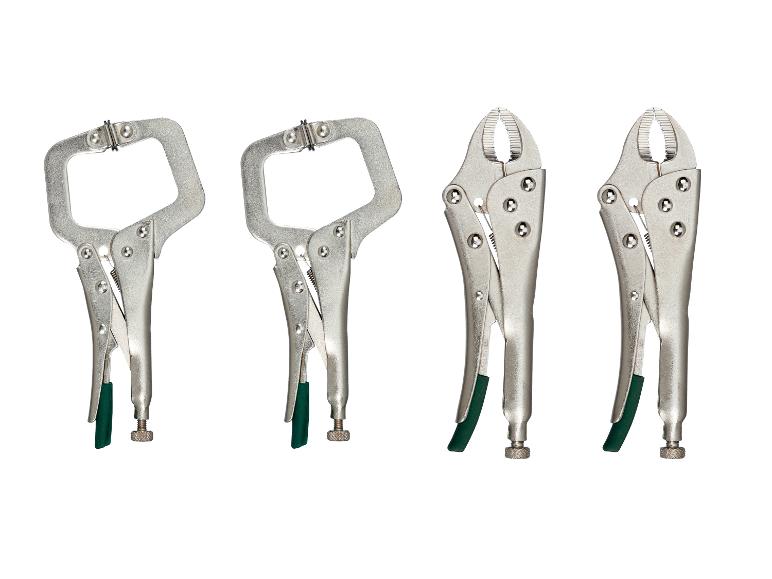 Čtyři svěrací kleště, dvoje typu C a dvoje se zakřivenými čelistmi, na bílém pozadí.