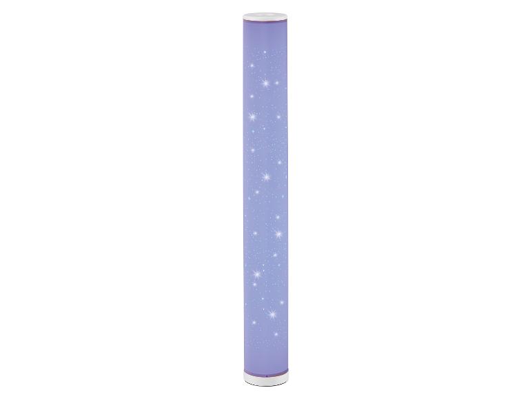 Fialová válcová lampa s třpytivým hvězdným vzorem.