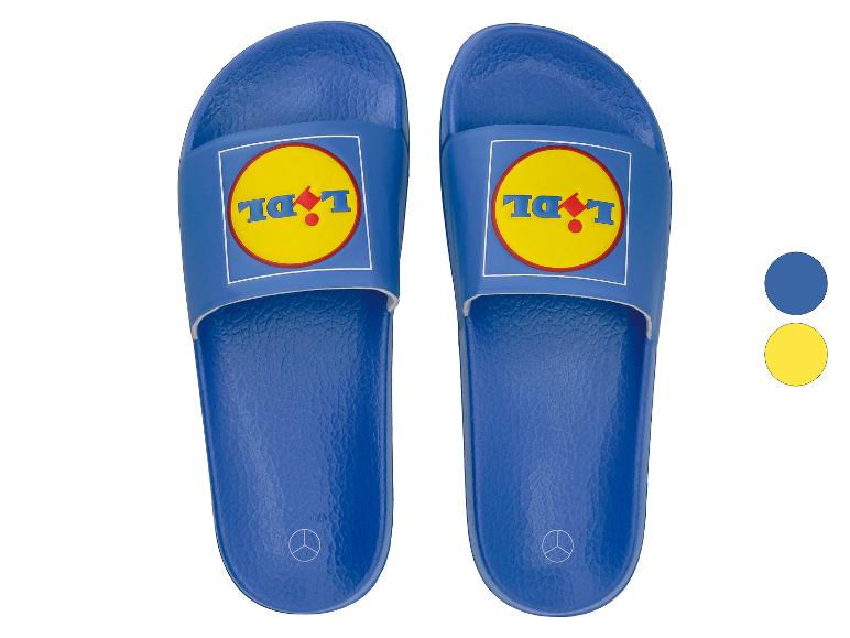 Modré pantofle se žlutým logem s modrým a červeným nápisem 'LIDL'.