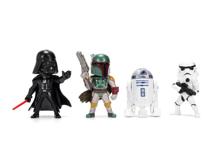 Čtyři figurky Star Wars: Darth Vader, Boba Fett, R2-D2 a Stormtrooper.