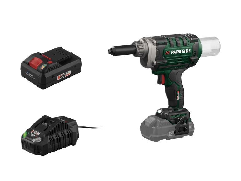 Nýtovačka Parkside X20V Team s bateriemi a nabíječkou.