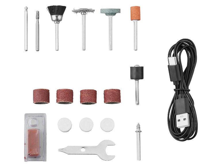 Leštící příslušenství: brusné kotouče, kartáče, nástavce, USB kabel.