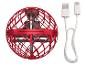 Červená mini drone s ochrannou klecí a USB kabelem.