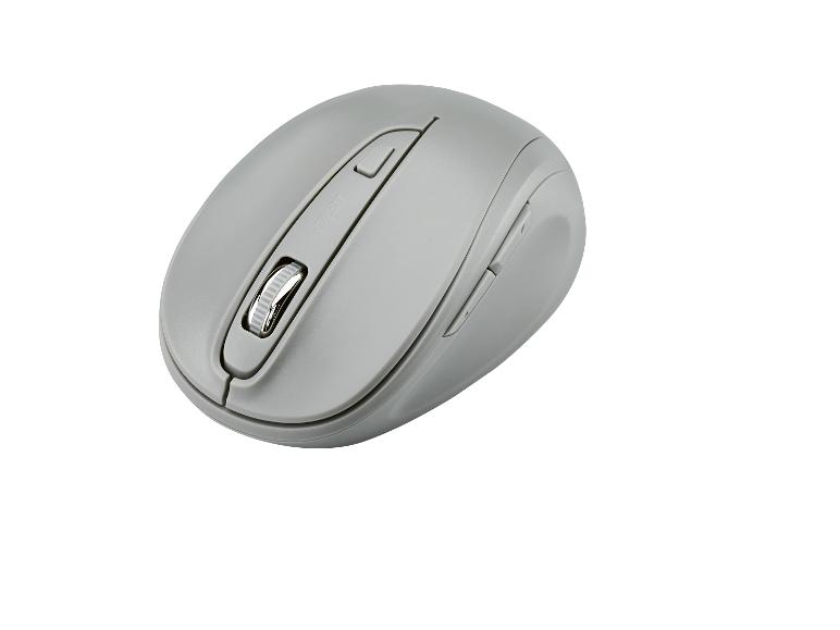 Šedá bezdrátová myš: ergonomický design.