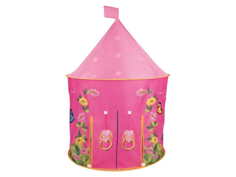 Růžový dětský stan s motýly a květinami.