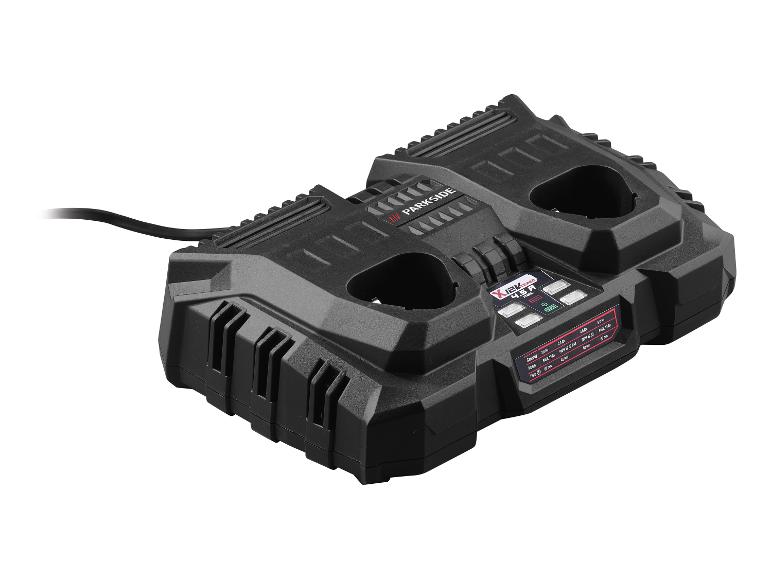 Dvojitá nabíječka Parkside pro akumulátory elektrického nářadí.