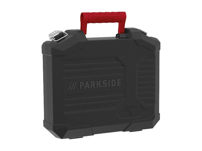 Černý kufr na nářadí Parkside s červenou rukojetí.