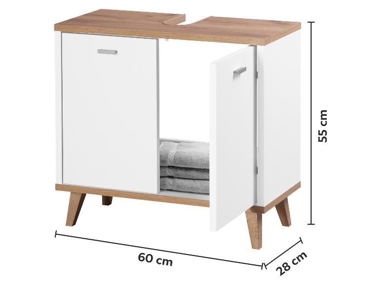 Bílá a dřevěná koupelnová skříňka se dvěma dvířky a naskládanými ručníky.