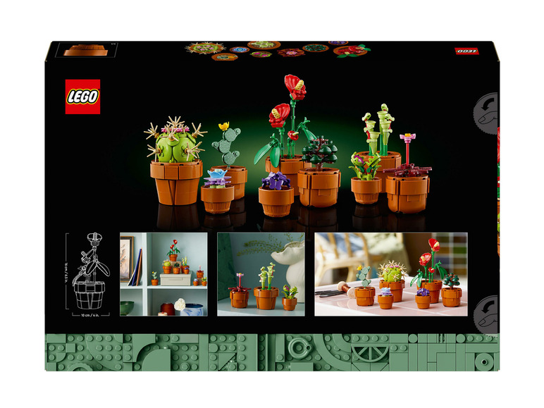 Lego krabička s různými druhy rostlin, včetně kaktusu a masožravé rostliny.