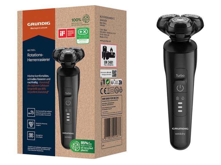 Černá rotační holicí stroj Grundig Rotations-Herrenrasierer s nápisem 'Turbo' a 'wet&dry'.