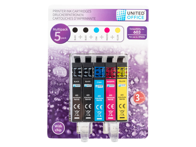 Atramentové kazety pro tiskárny Epson od United Office, v černé, azurové, purpurové a žluté barvě.