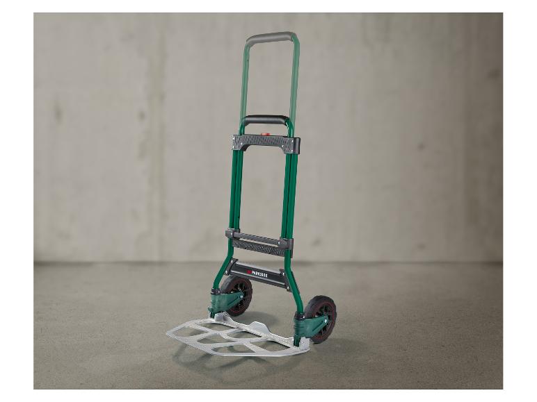 Skládací rudl Parkside pro přepravu nákladu, zelený a černý, na šedém pozadí.