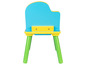Dětská židle s modrou deskou stolu a zelenými nohami.