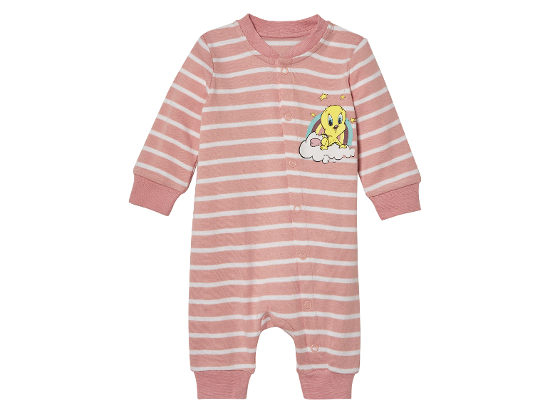 Růžovo-bílý pruhovaný overal pro miminka s obrázkem Tweety.
